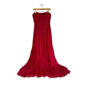 BCBGMaxazria Red Silk Gown Strapless Ruffle Tiered Formal‎ Dress Y2K 100% Silk